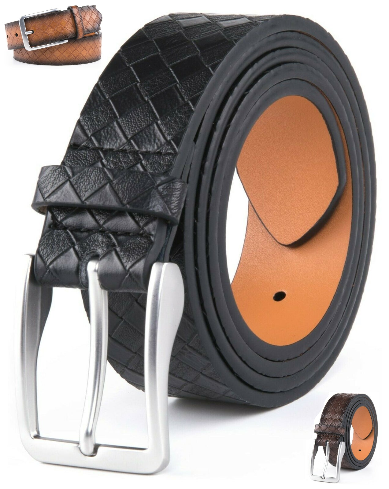 MRoyale™ Genuine Leather Belt | Men's Dress Belt, Diamond Grid, Metal Buckle | Black, Brown, Tan mens belts MRoyale™ Black 32/34 