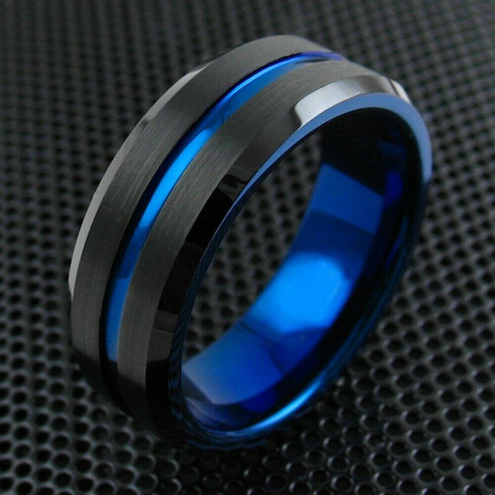 MRoyale™ Men's Tungsten Carbide Black w/ Thin Blue Ring/Wedding Band (Size 8-15) men's ring MRoyale™ Fashion