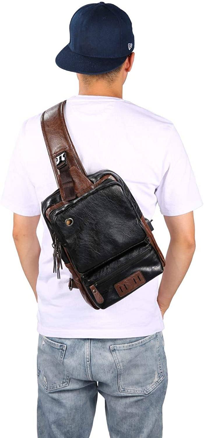 QCXPRO™ Men's Crossbody Sling Chest Bag - Faux Leather, iPad Tablet, USB Shoulder Bag QCXPRO™