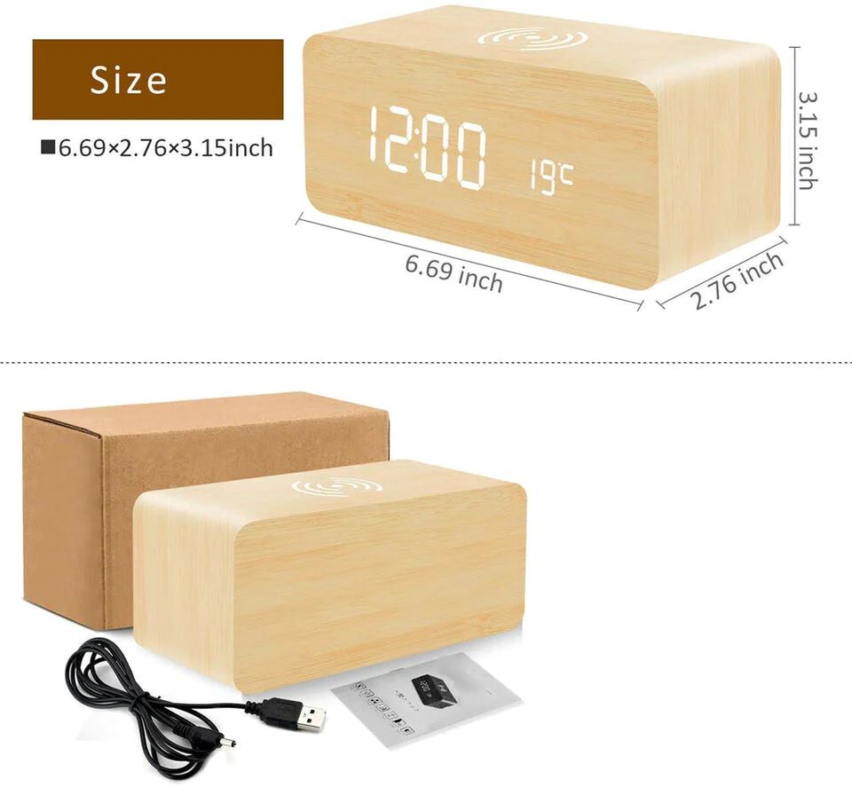 SMAXPro™ Wood Digital LED Alarm Clock + Qi Wireless Charger: Thermometer, Bamboo Decor alarm clock SMAXPro™ Bamboo White