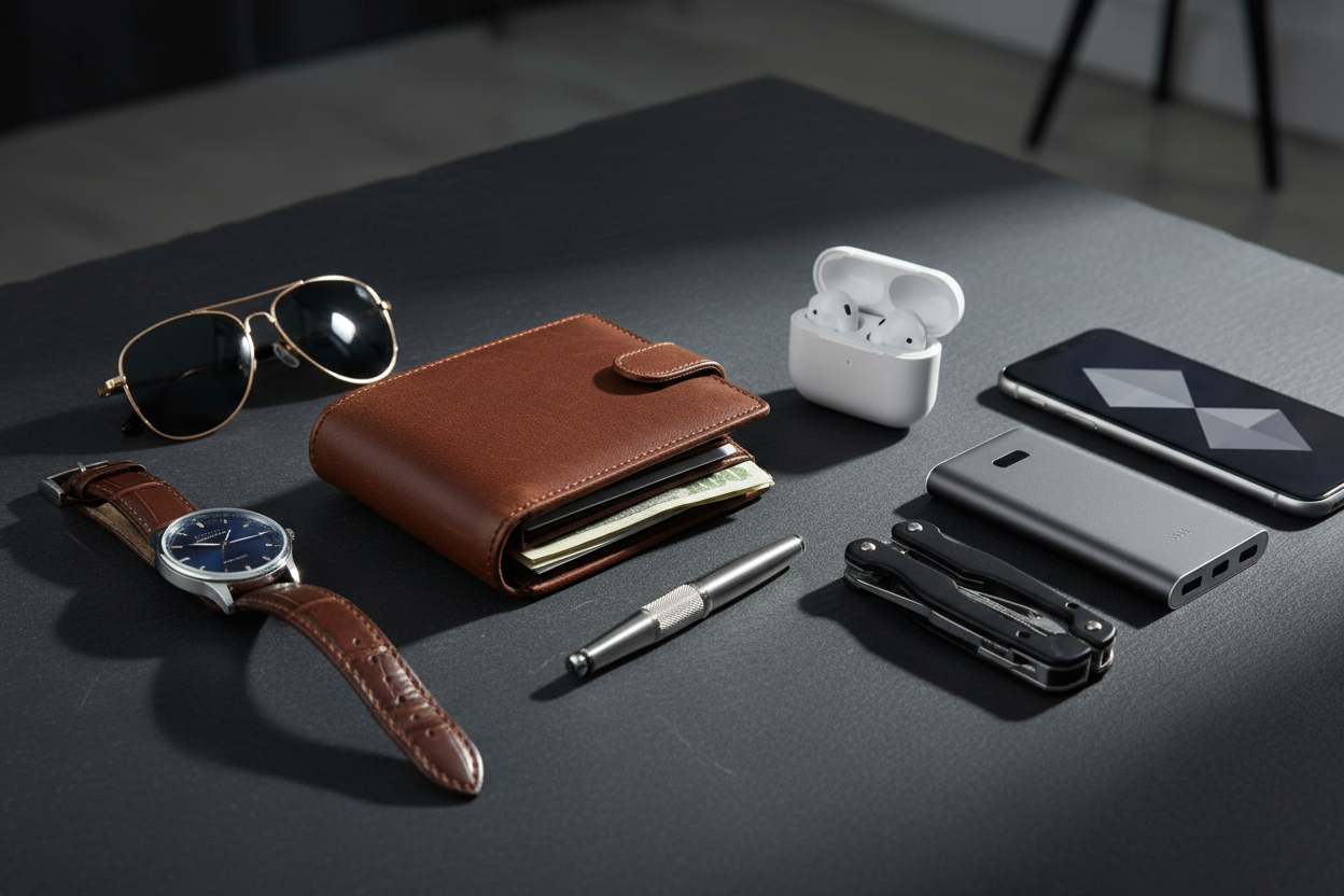 16:9 banner image showing premium men's accessories and cool handheld gadgets