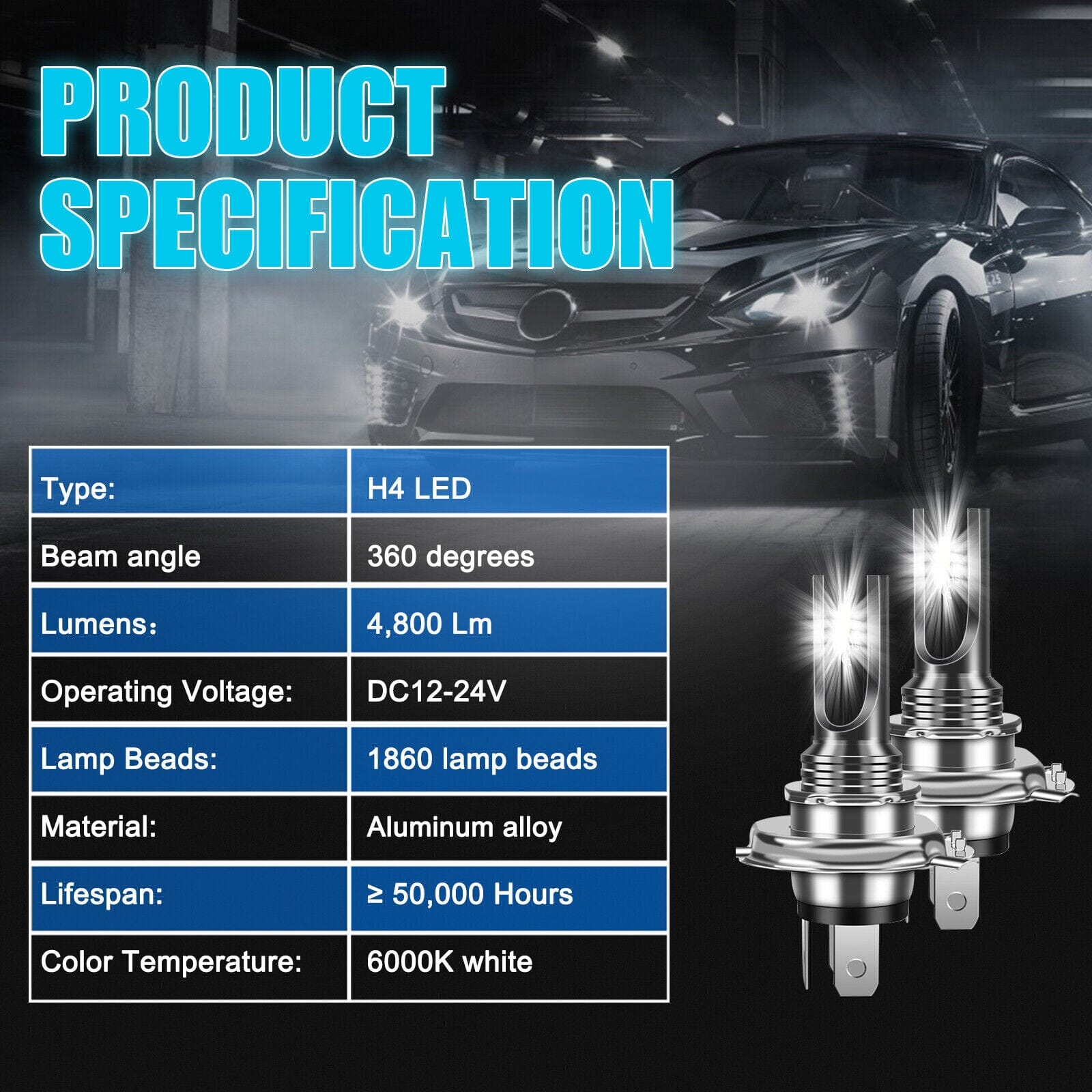 NSILux™ H4 LED Fog Driving Light Kit: 9003 Hi-Low Beam, 6000K Super Bright White Car Headlights NSILux™ 