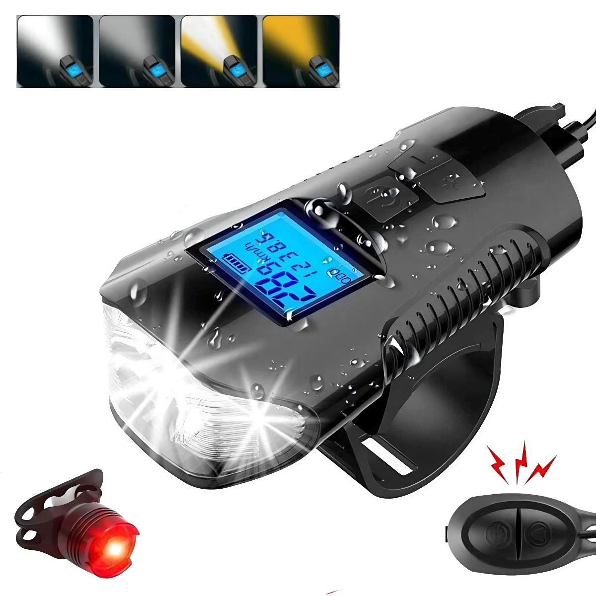 SMAXElite™ LED Rechargeable Bicycle Headlight + Odometer/Speedometer Set: Front/Rear/Horn bike led SMAXElite™ 