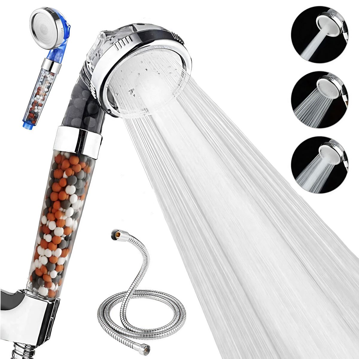 SPureMax™ Handheld Filter Beads Shower Head w/ Hose: High Pressure, 3 Settings shower head SPureMax™ Clear 