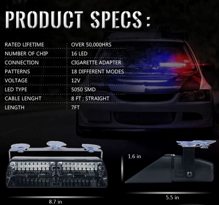 XPLEDPro™ Windshield Strobe Light Bar: 16 LED Amber/White, Flashing Warning Hazard strobe light bar XPLEDPro™ 