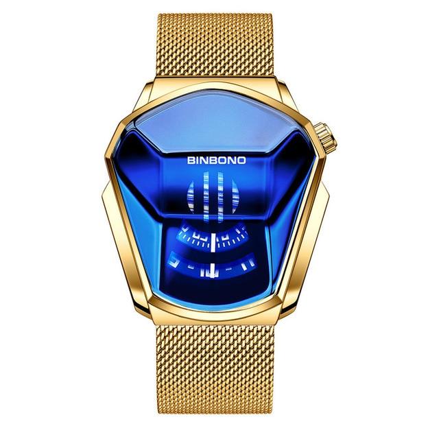 BIN™ Men&#39;s Locomotive Big Dial Watch Specialty Watch BIN™ Fashion Gold-Blue Mesh 