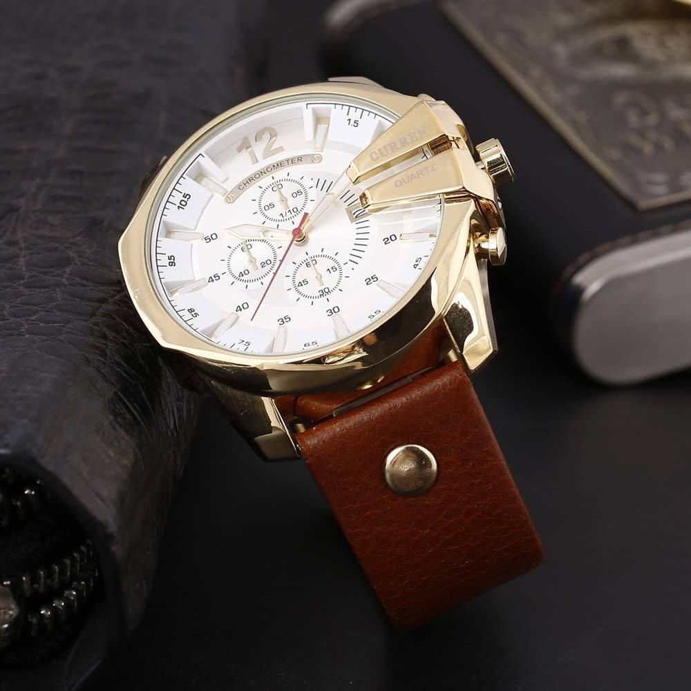 CRNXPro™ Men&#39;s Gold Big Dial, Leather Strap Sport Wristwatch Wristwatches CRNXPro™ 