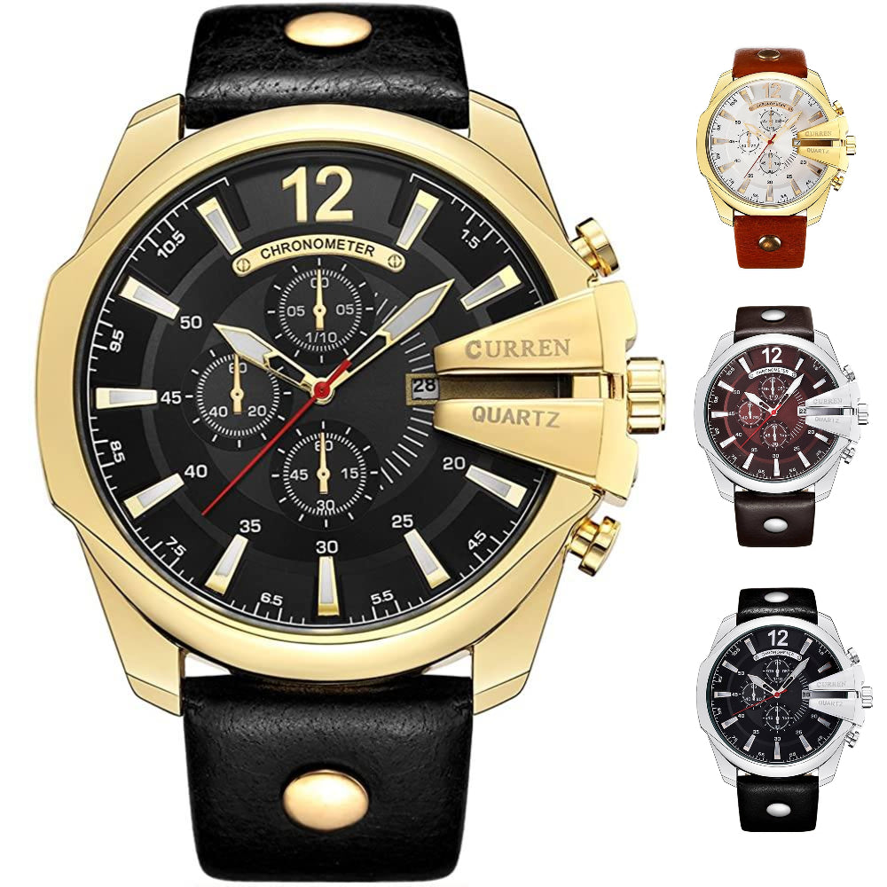 CRNXPro™ Men's Gold Big Dial, Leather Strap Sport Wristwatch Wristwatches CRNXPro™ gold black 