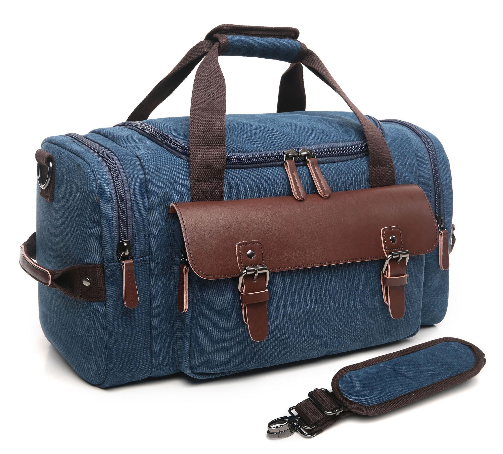 CrossLX™ Men's Canvas Travel Gym Duffle Weekend Bag w/ Leather Accent Duffle Travel Bag CrossLX™ Blue 