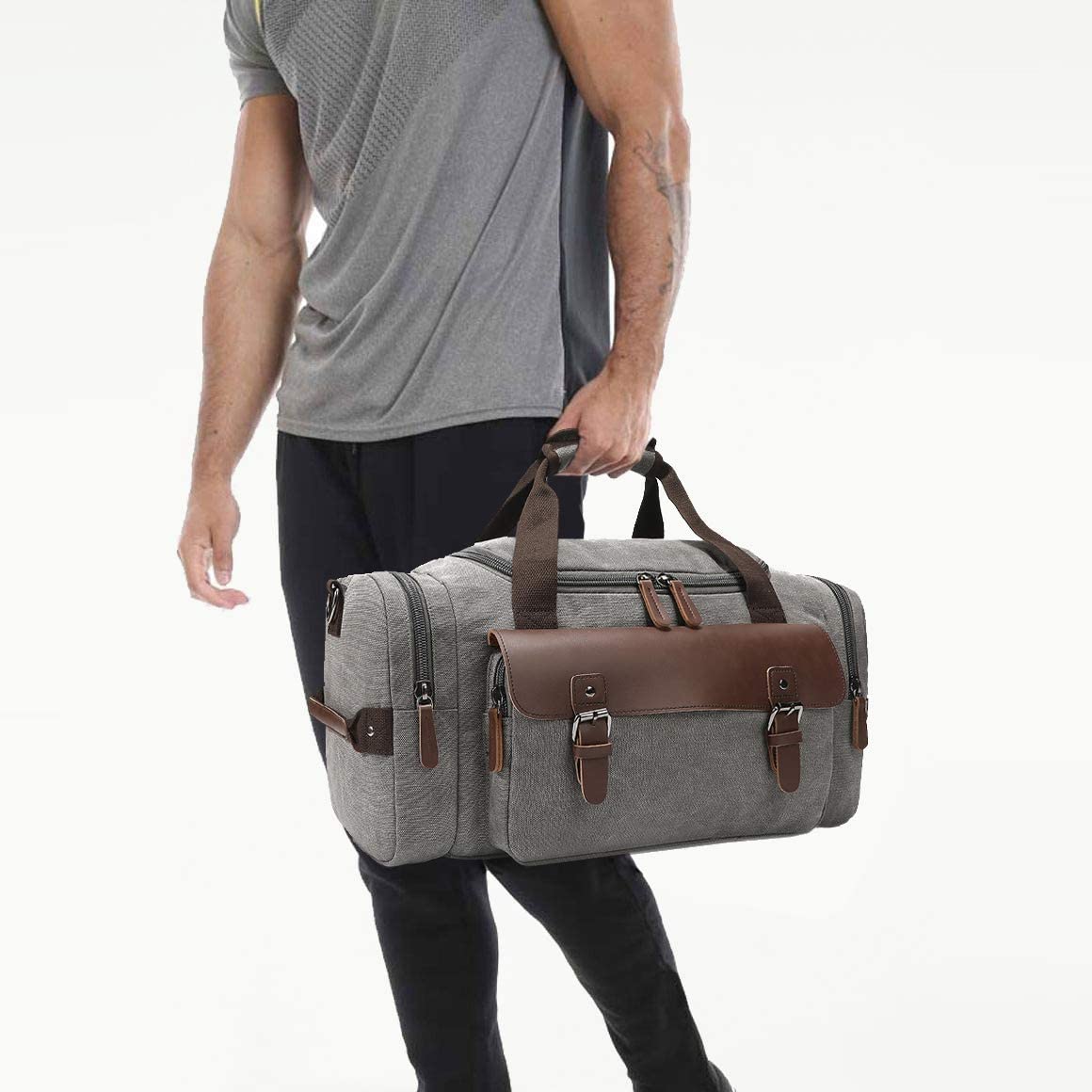 CrossLX™ Men's Canvas Travel Gym Duffle Weekend Bag w/ Leather Accent Duffle Travel Bag CrossLX™ Gray 
