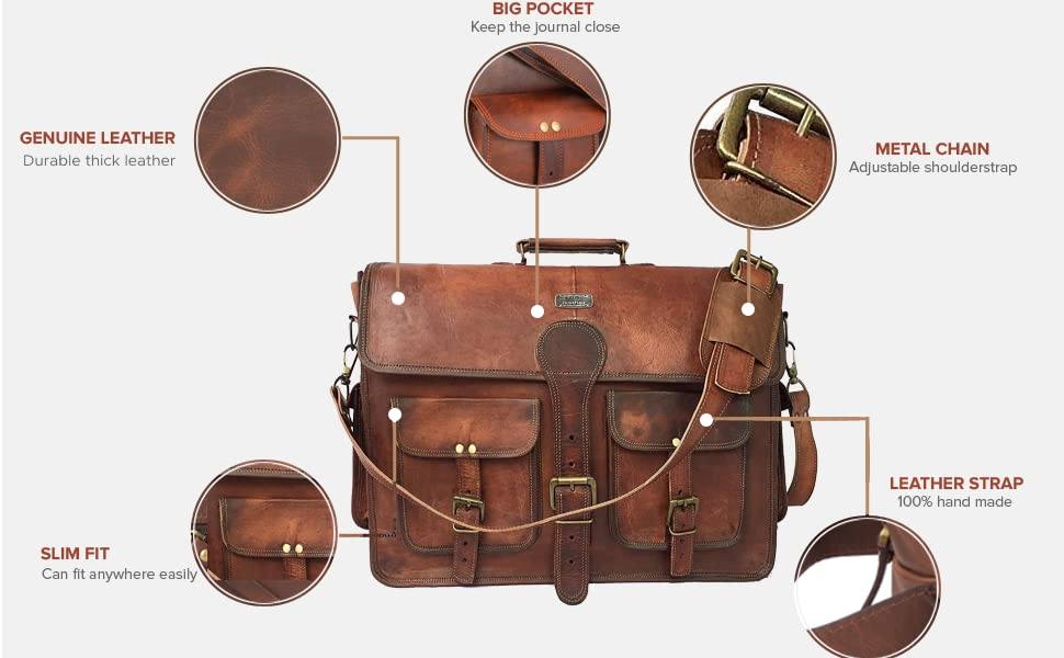 DHKFashion™ Handmade Leather 14-16&quot; Laptop Crossbody Messenger Distressed Briefcase Messenger Bag DHKFashion™ 