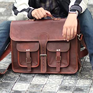 DHKFashion™ Handmade Leather 14-16" Laptop Crossbody Messenger Distressed Briefcase Messenger Bag DHKFashion™ 