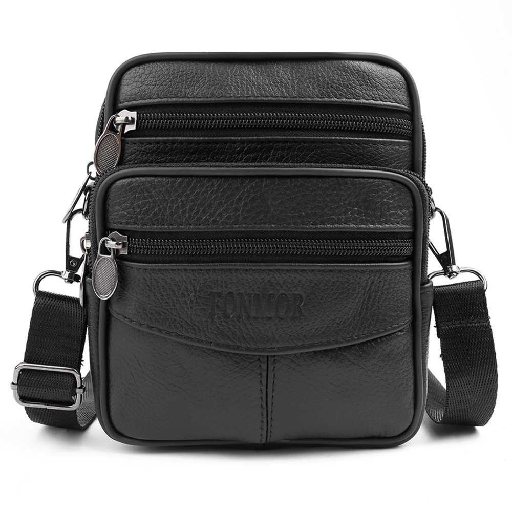 Black Leather Mens Tablet Messenger Bag Small Side Bag Black Shoulder