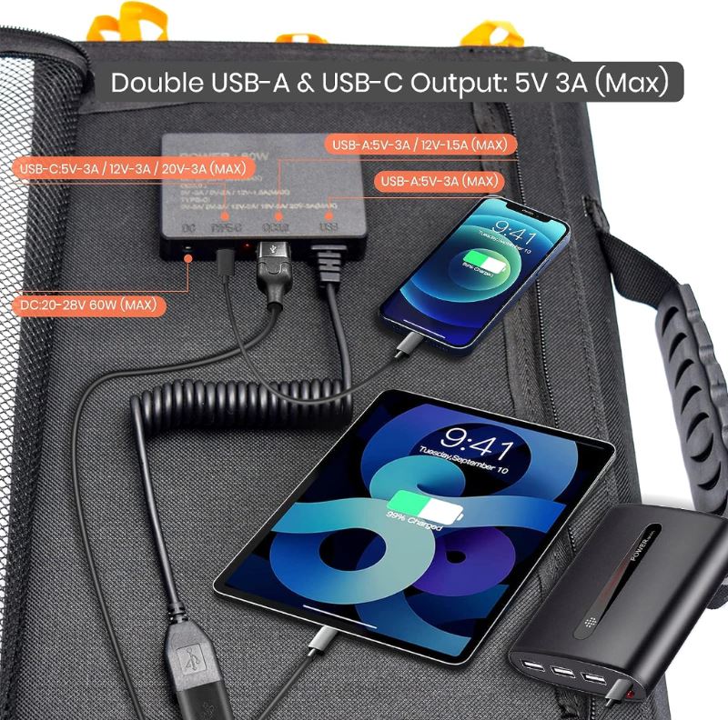 FXSolar™ 60W Folding Solar Panel Kit: Portable, 20V, 10-in-1 Connectors, Waterproof FXSolar™ 