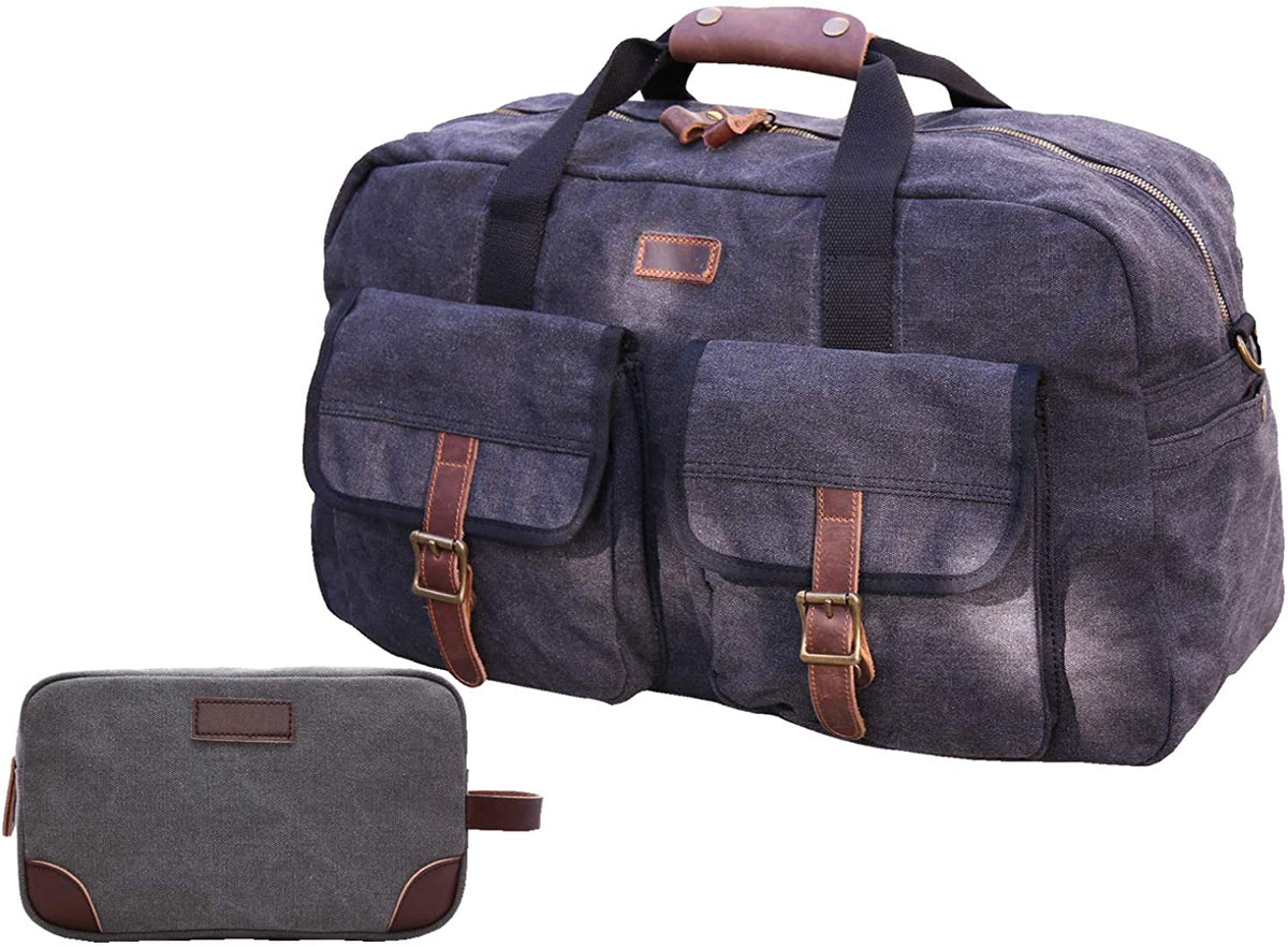 IBLX™ Men&#39;s Vintage Canvas Travel Duffle Tote Weekend Gym Bag w/ Leather Trim Duffle Travel Bag IBLX™ Dark Gray 