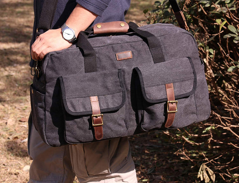 IBLX™ Men&#39;s Vintage Canvas Travel Duffle Tote Weekend Gym Bag w/ Leather Trim Duffle Travel Bag IBLX™ 