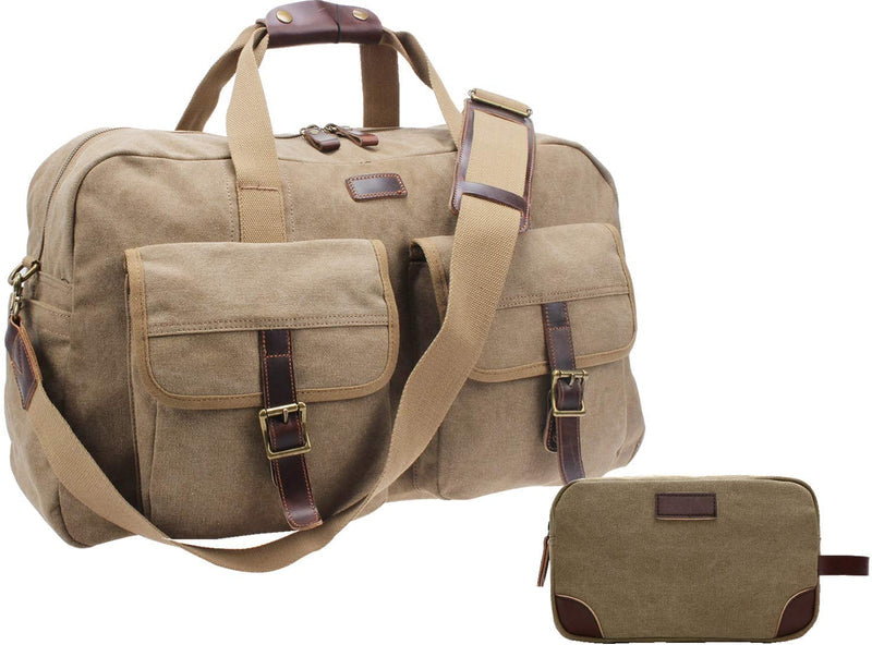 IBLX™ Men&#39;s Vintage Canvas Travel Duffle Tote Weekend Gym Bag w/ Leather Trim Duffle Travel Bag IBLX™ Khaki 