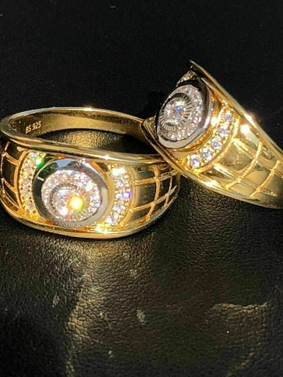 Men's Solid 925 Silver CZ Ring - 14k Gold Plated Icy Style, Sizes 6-13