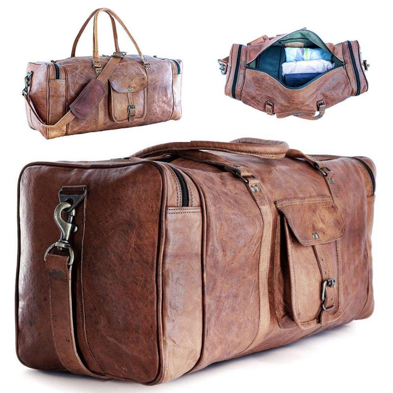 KPLeatherZ™ Men's FULL-Grain Leather 24in Brown Duffle Weekend Travel Bag Duffle Travel Bag KPLeatherZ™ 