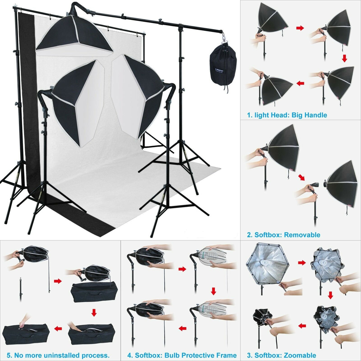 LNCPro™ 77&quot;x120&quot; Adjustable Photography Studio Muslin Background Stand Kit: Morning Glory Softboxes, Backdrop Crossbars photo studio kit LNCPro™ 