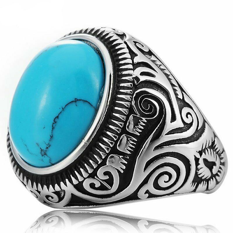 MDL™ Men's Native Indian Stainless Steel Oval Turquoise Ring (Size 7-15) men's ring MDL™ Fashion 