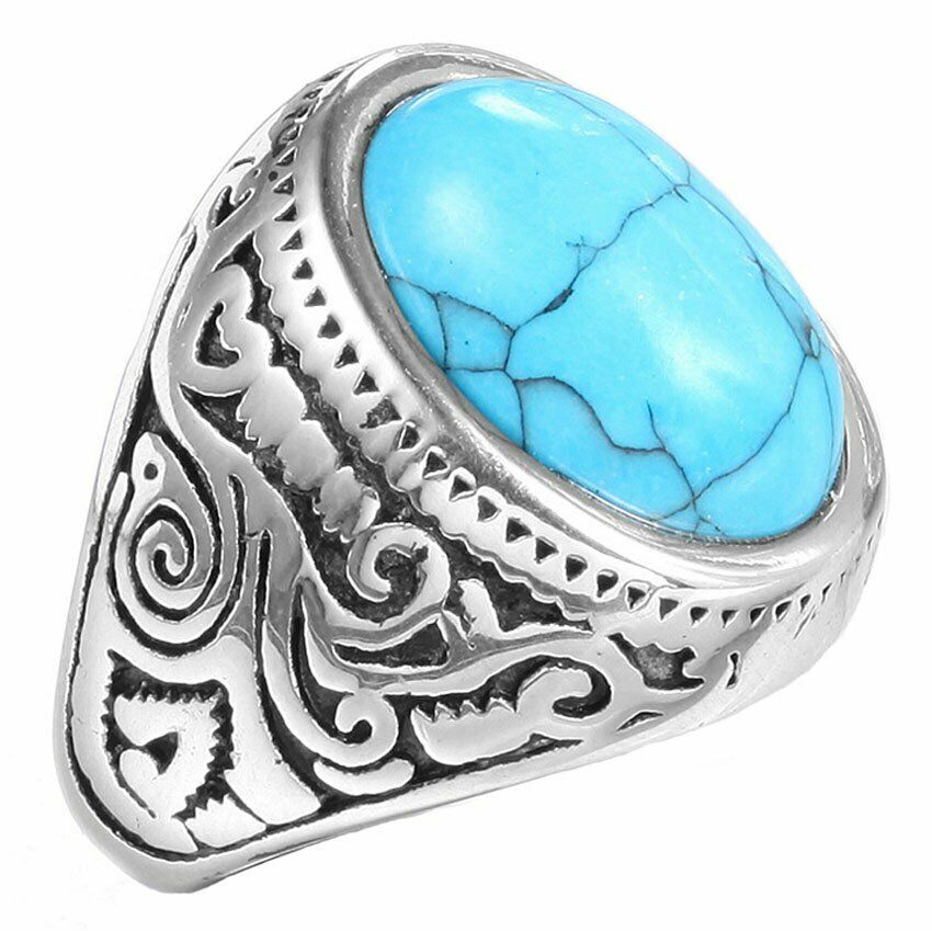 MDL™ Men's Native Indian Stainless Steel Oval Turquoise Ring (Size 7-15) men's ring MDL™ Fashion 