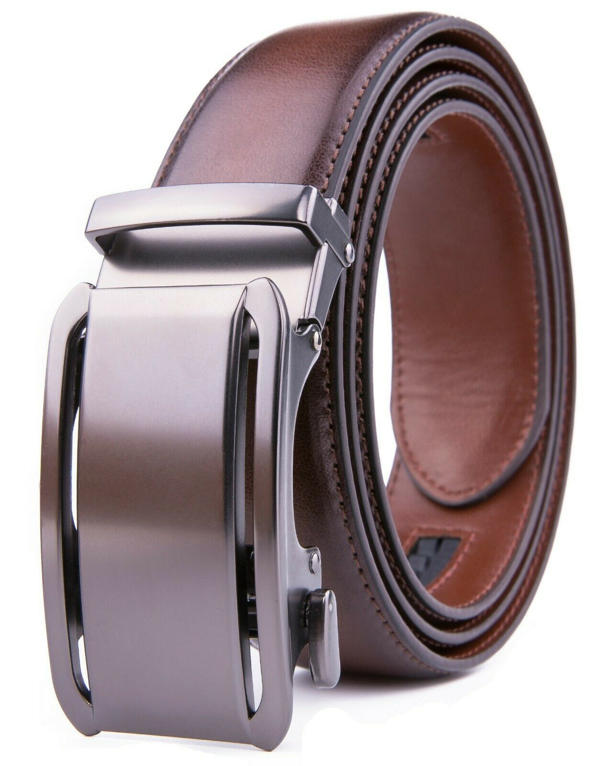 FVLUX™ Faux Leather Ratchet Belt | Men&#39;s 1.4&quot; Wide Automatic Slide Buckle | Silver Steel mens belts FVLUX™ Brown 32/34 