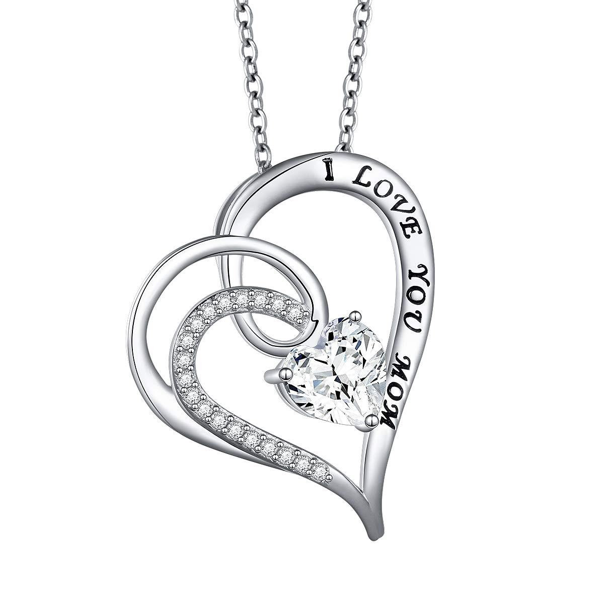 Mother's Day 925 Sterling Silver 'Mom Heart' Crystal Cubic Zirconia 'I Love You Mom' Quote Necklace Mother Gift SHINELUX™ 