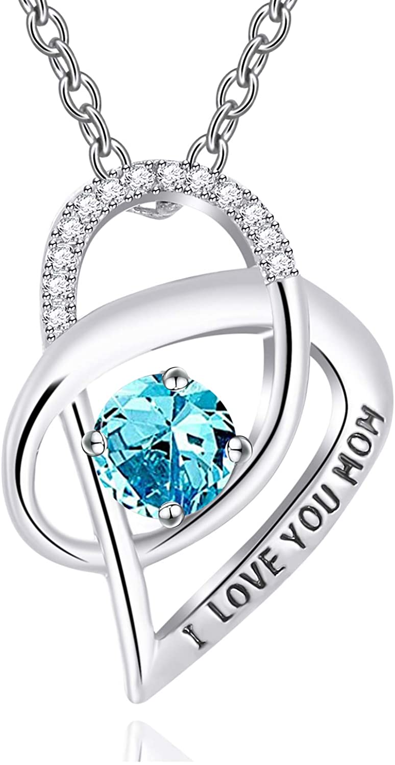Mother's Day 925 Sterling Silver 'Mom Heart' Rhinestone Cubic Zirconia 'I Love You Mom' Quote Necklace EliteDealsOutlet #4 Heart Blue 