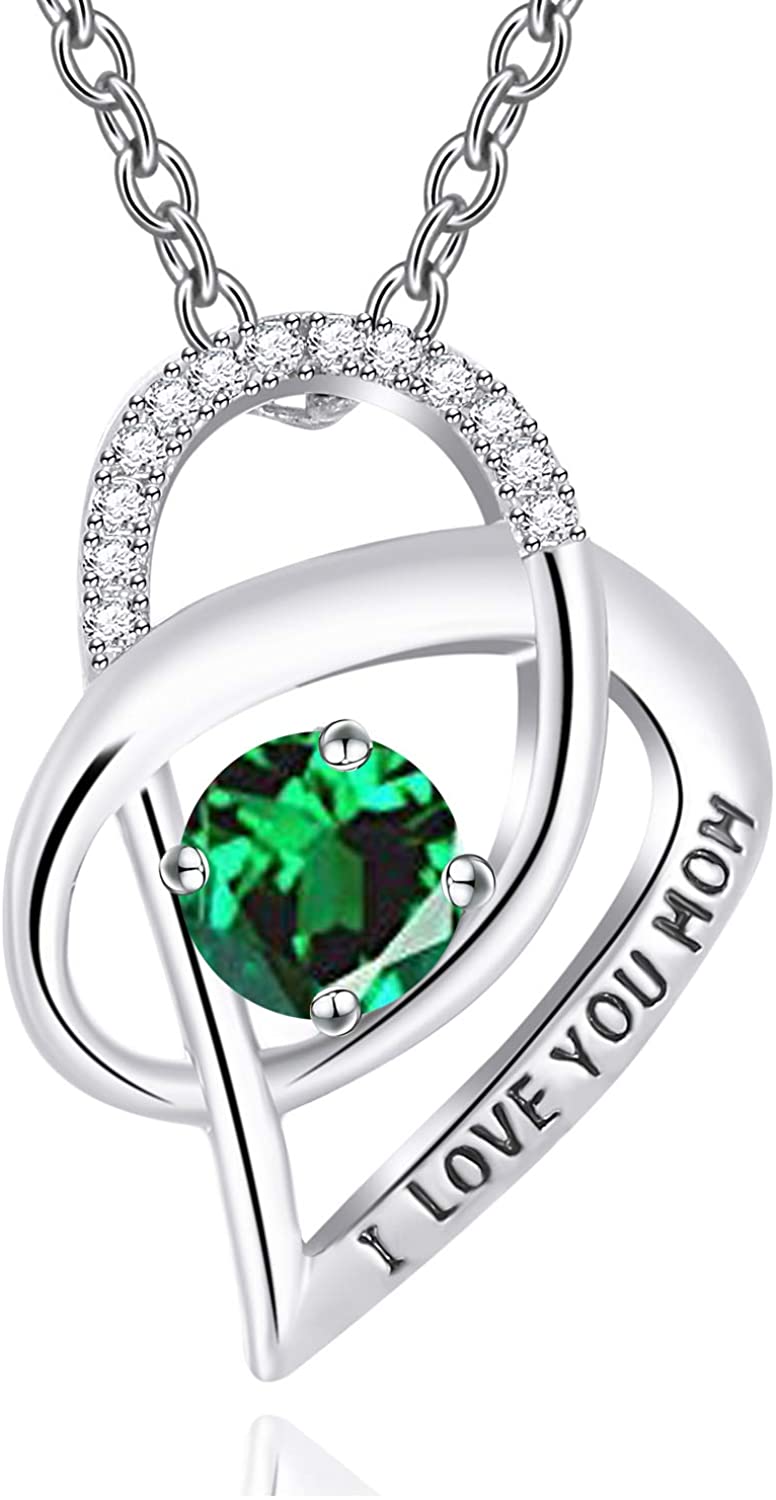Mother's Day 925 Sterling Silver 'Mom Heart' Rhinestone Cubic Zirconia 'I Love You Mom' Quote Necklace EliteDealsOutlet #4 Heart Green 