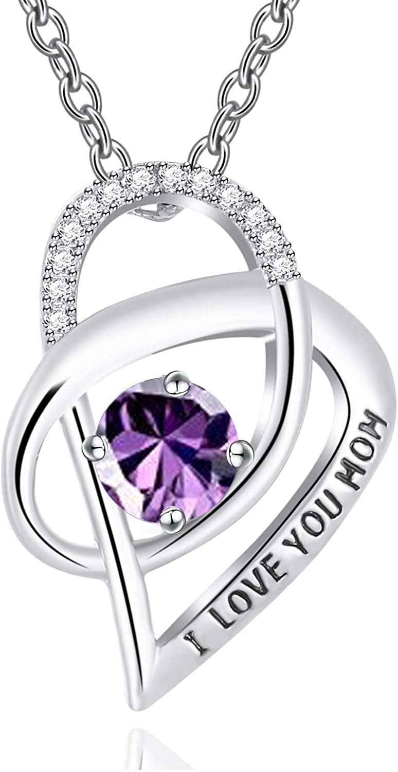 Mother's Day 925 Sterling Silver 'Mom Heart' Rhinestone Cubic Zirconia 'I Love You Mom' Quote Necklace EliteDealsOutlet #4 Heart Purple 