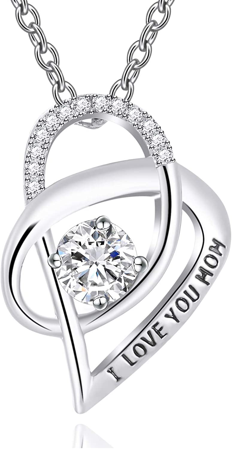 Mother's Day 925 Sterling Silver 'Mom Heart' Rhinestone Cubic Zirconia 'I Love You Mom' Quote Necklace EliteDealsOutlet #4 Heart White 