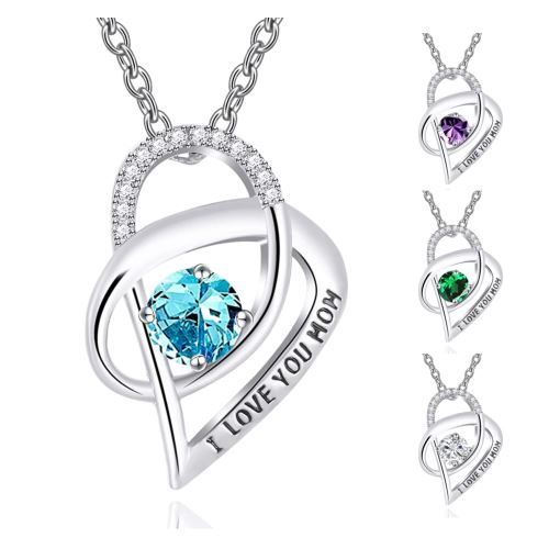 Mother's Day 925 Sterling Silver 'Mom Heart' Rhinestone Cubic Zirconia 'I Love You Mom' Quote Necklace EliteDealsOutlet 