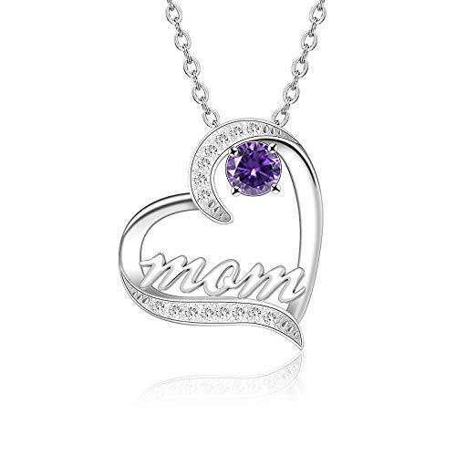 Mother&#39;s Day Birthstone &#39;Mom Heart&#39; 925 Sterling Silver Cubic Zirconia Mom Birthday Necklace EliteDealsOutlet 02-February 