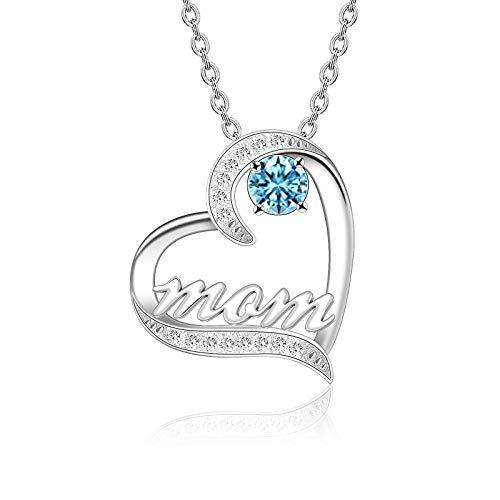 Mother&#39;s Day Birthstone &#39;Mom Heart&#39; 925 Sterling Silver Cubic Zirconia Mom Birthday Necklace EliteDealsOutlet 03-March 