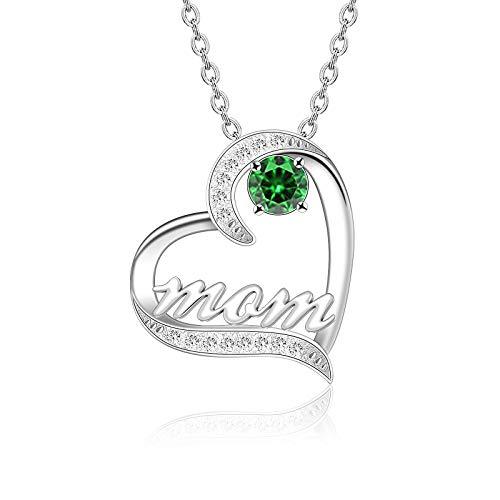 Mother's Day Birthstone 'Mom Heart' 925 Sterling Silver Cubic Zirconia Mom Birthday Necklace EliteDealsOutlet 05-May 