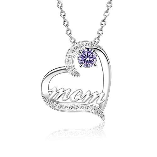 Mother&#39;s Day Birthstone &#39;Mom Heart&#39; 925 Sterling Silver Cubic Zirconia Mom Birthday Necklace EliteDealsOutlet 06-June 