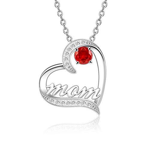 Mother&#39;s Day Birthstone &#39;Mom Heart&#39; 925 Sterling Silver Cubic Zirconia Mom Birthday Necklace EliteDealsOutlet 07-July 