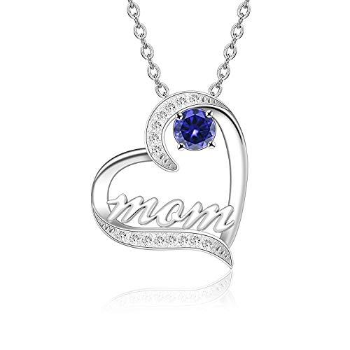 Mother&#39;s Day Birthstone &#39;Mom Heart&#39; 925 Sterling Silver Cubic Zirconia Mom Birthday Necklace EliteDealsOutlet 09-September 
