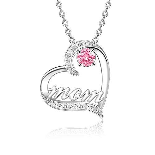 Mother&#39;s Day Birthstone &#39;Mom Heart&#39; 925 Sterling Silver Cubic Zirconia Mom Birthday Necklace EliteDealsOutlet 10-October 