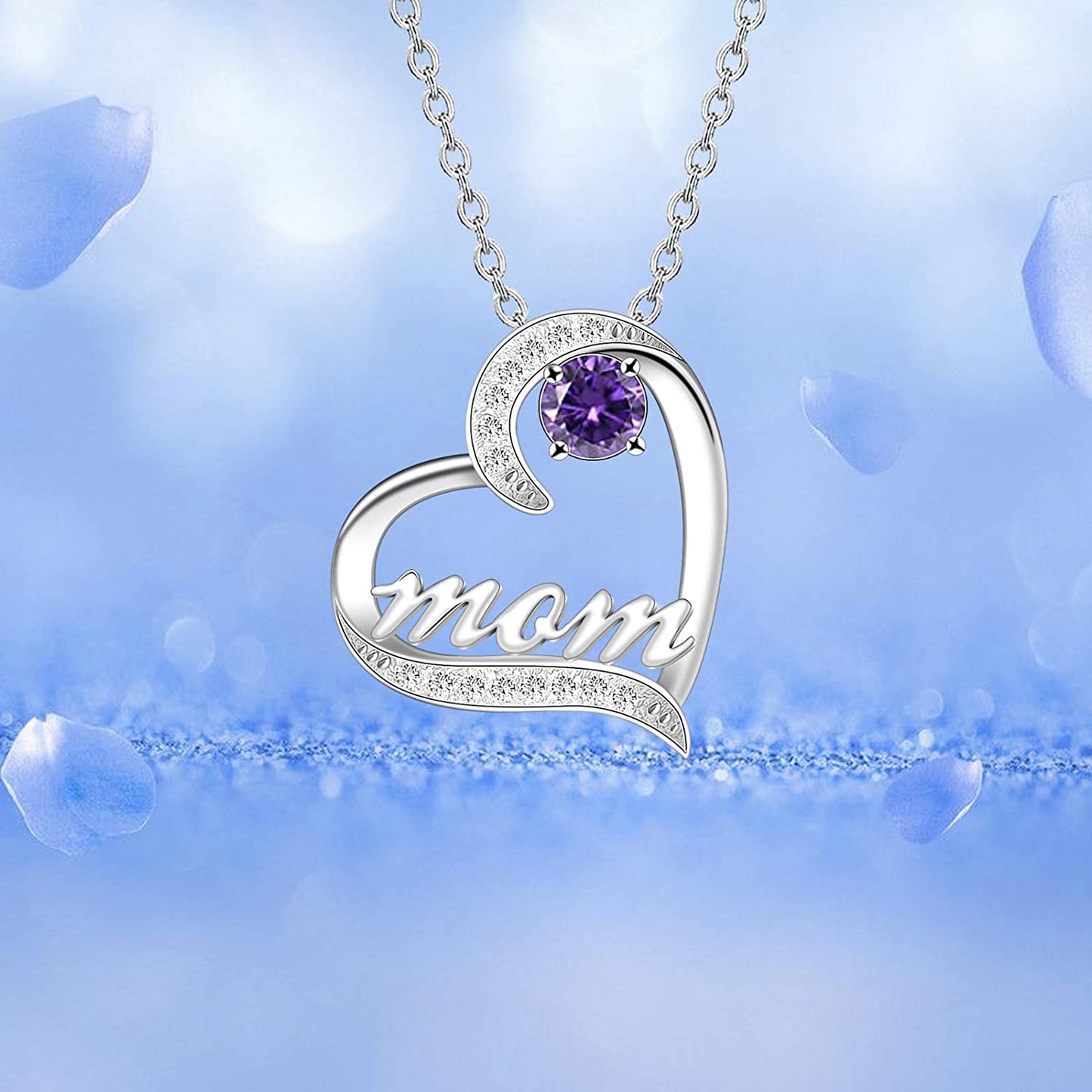 Mother's Day Birthstone 'Mom Heart' 925 Sterling Silver Cubic Zirconia Mom Birthday Necklace EliteDealsOutlet 