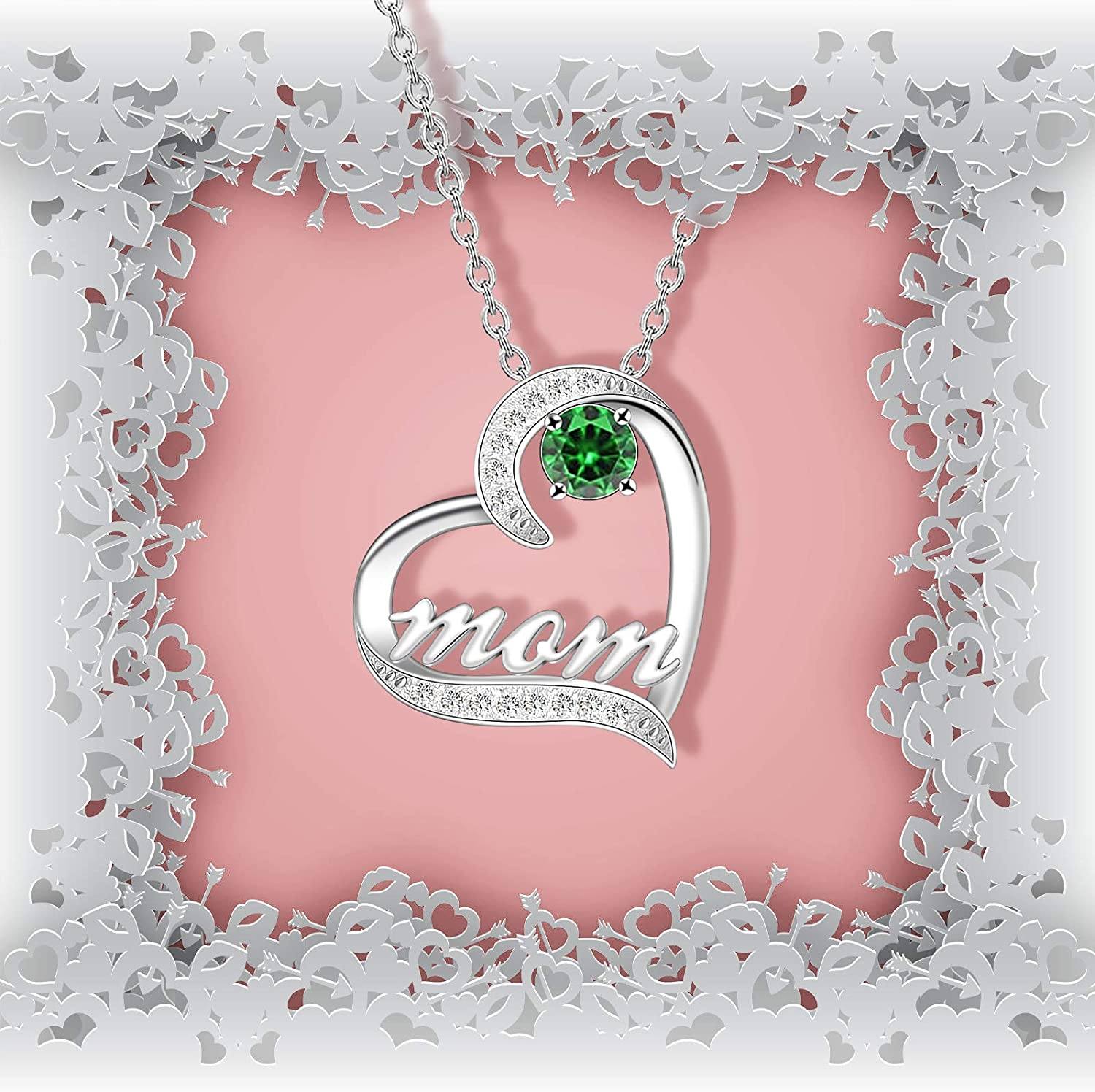 Mother's Day Birthstone 'Mom Heart' 925 Sterling Silver Cubic Zirconia Mom Birthday Necklace EliteDealsOutlet 