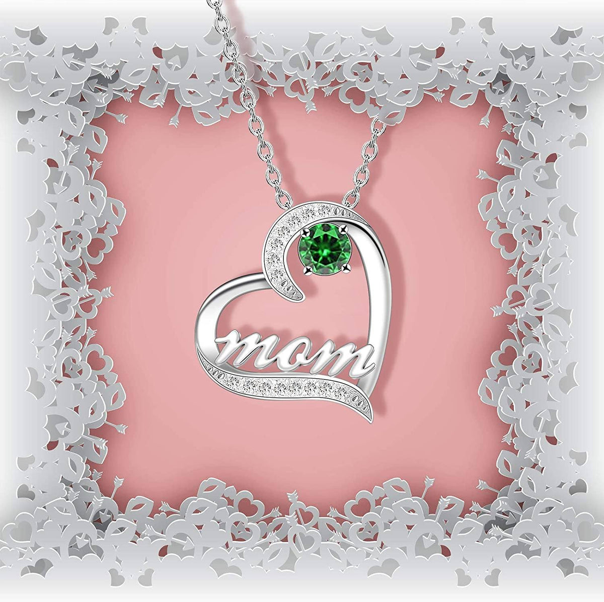 Mother&#39;s Day Birthstone &#39;Mom Heart&#39; 925 Sterling Silver Cubic Zirconia Mom Birthday Necklace EliteDealsOutlet 