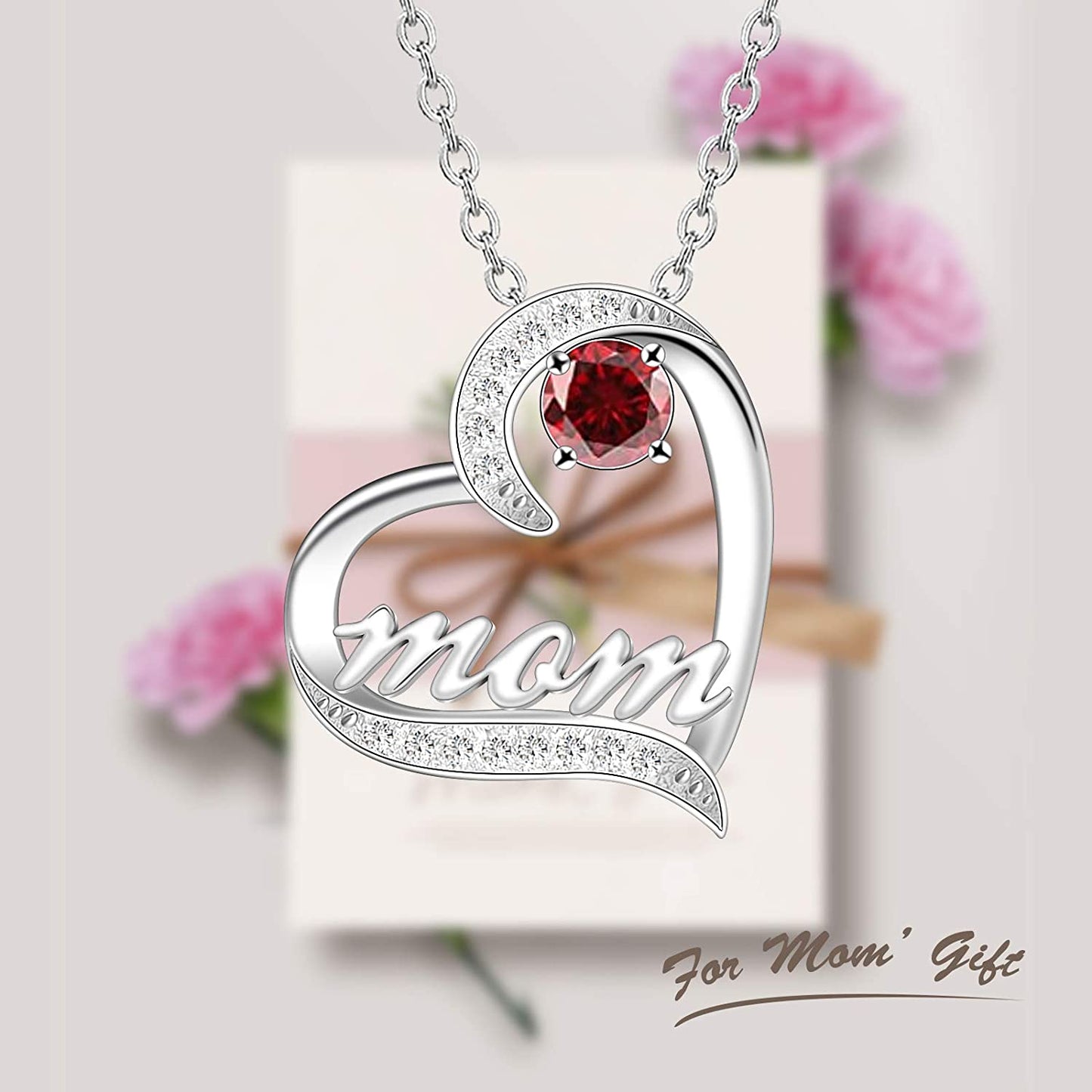 Mother's Day Birthstone 'Mom Heart' 925 Sterling Silver Cubic Zirconia Mom Birthday Necklace EliteDealsOutlet 
