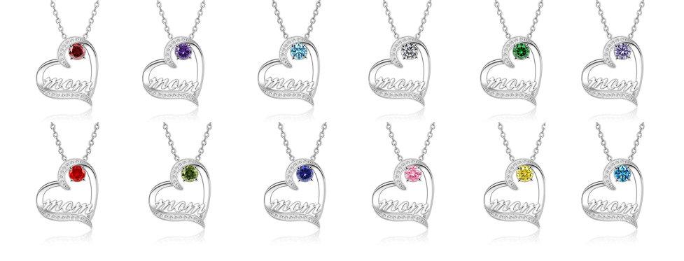 Mother's Day Birthstone 'Mom Heart' 925 Sterling Silver Cubic Zirconia Mom Birthday Necklace EliteDealsOutlet 