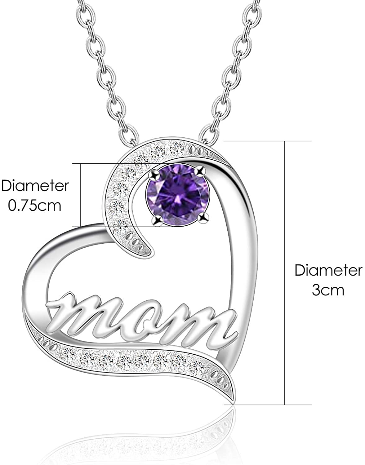Mother's Day Birthstone 'Mom Heart' 925 Sterling Silver Cubic Zirconia Mom Birthday Necklace EliteDealsOutlet 