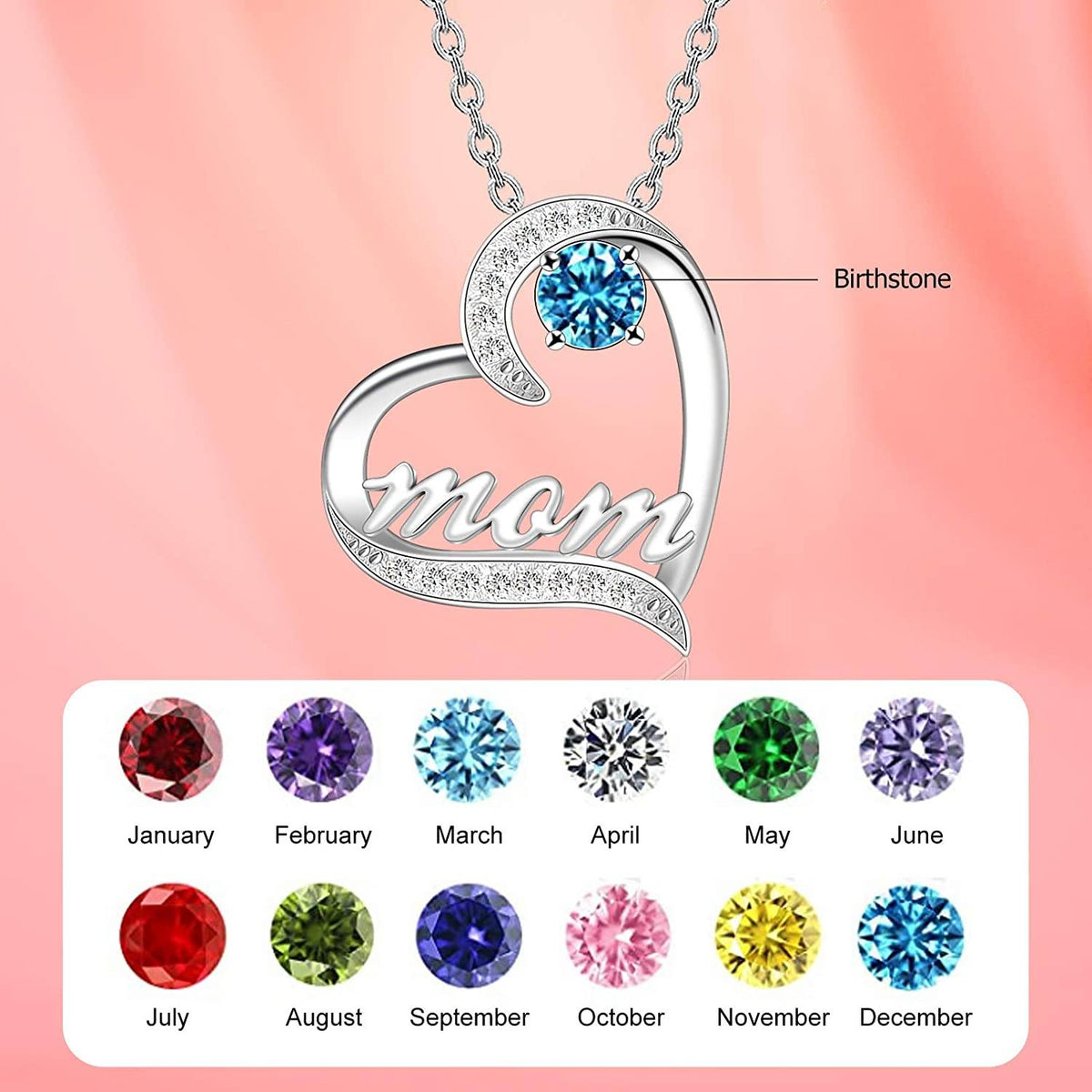 Mother&#39;s Day Birthstone &#39;Mom Heart&#39; 925 Sterling Silver Cubic Zirconia Mom Birthday Necklace EliteDealsOutlet 