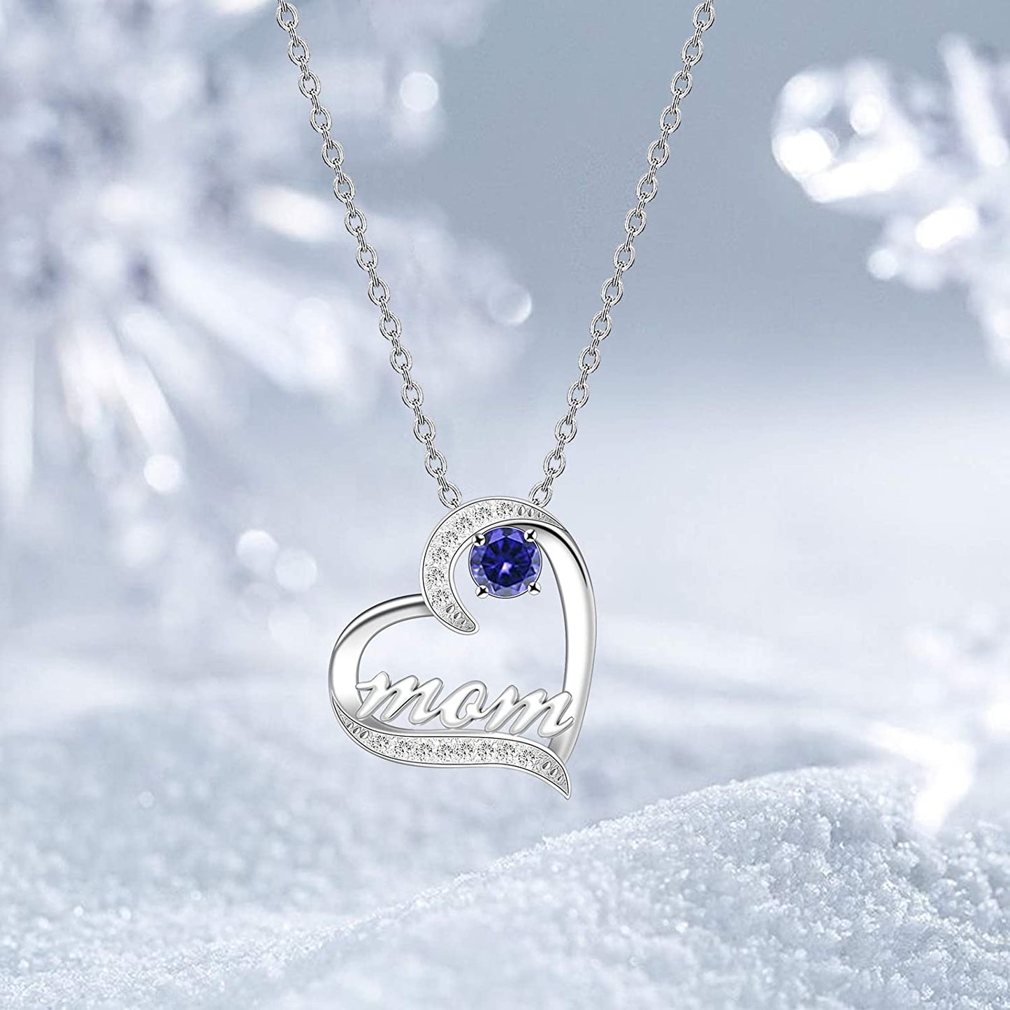 Mother's Day Birthstone 'Mom Heart' 925 Sterling Silver Cubic Zirconia Mom Birthday Necklace EliteDealsOutlet 