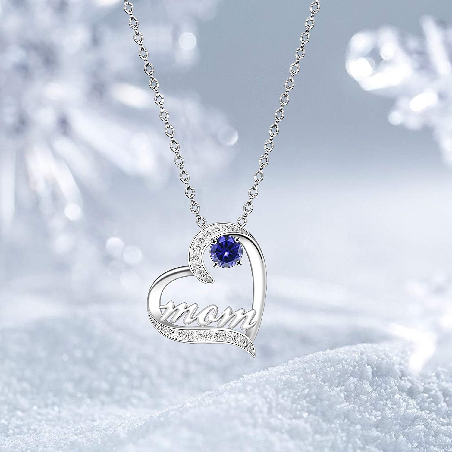 Mother's Day Birthstone 'Mom Heart' 925 Sterling Silver Cubic Zirconia Mom Birthday Necklace EliteDealsOutlet 