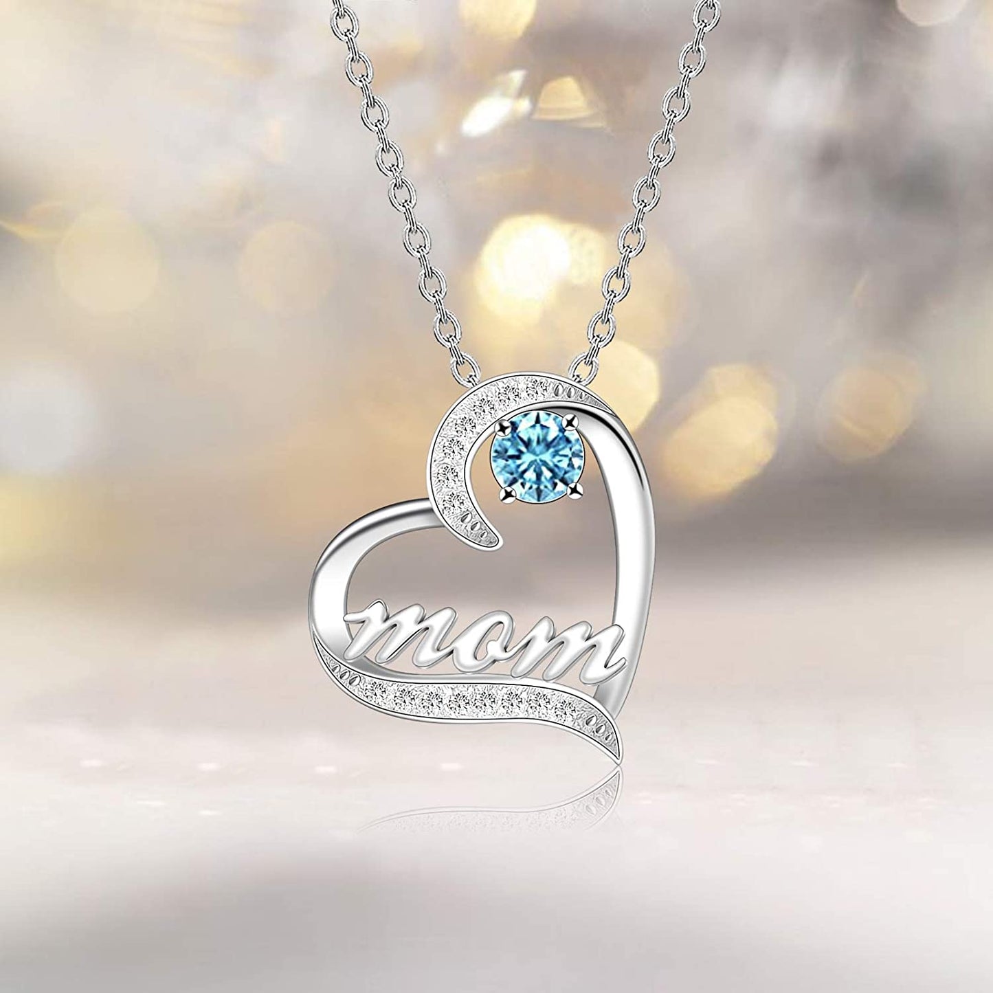 Mother's Day Birthstone 'Mom Heart' 925 Sterling Silver Cubic Zirconia Mom Birthday Necklace EliteDealsOutlet 